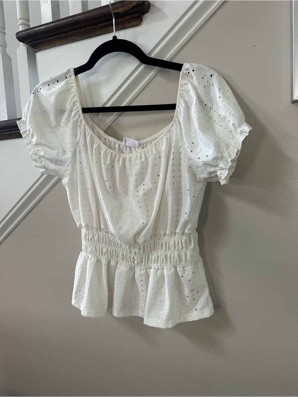 Women's White Eyelet Puff Sleeve Peplum Top